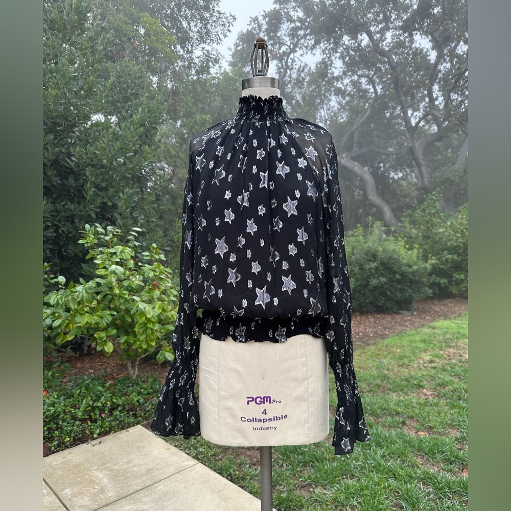 Ramy Brook Black Star Print Long Sleeve Smocked Neck Blouse